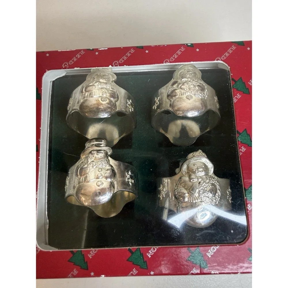 Reed Barton Vintage Italian Silver‎ R925 Santa Snowman Napkin Ring Set 4 1428/4